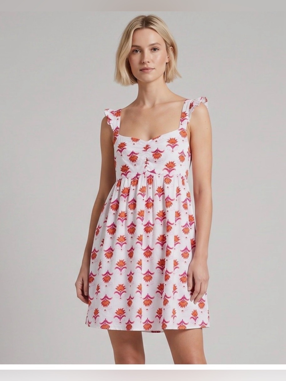 J. CREW White Linen Blend Dress with Pink, Orange, & Red Floral Print. Size 10